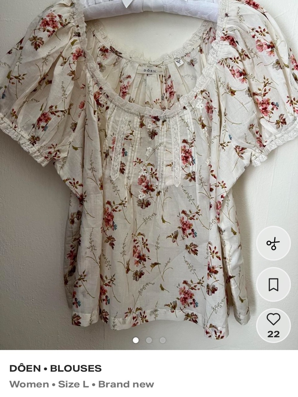 Doen Cream Floral Puff-Sleeve Blouse with Lace Trim